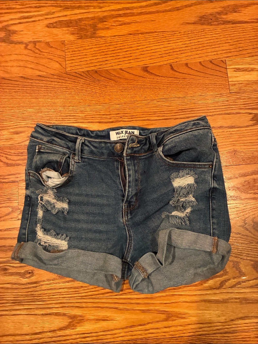 Wax Jean Dark Blue Distressed Rolled Hem Denim Shorts